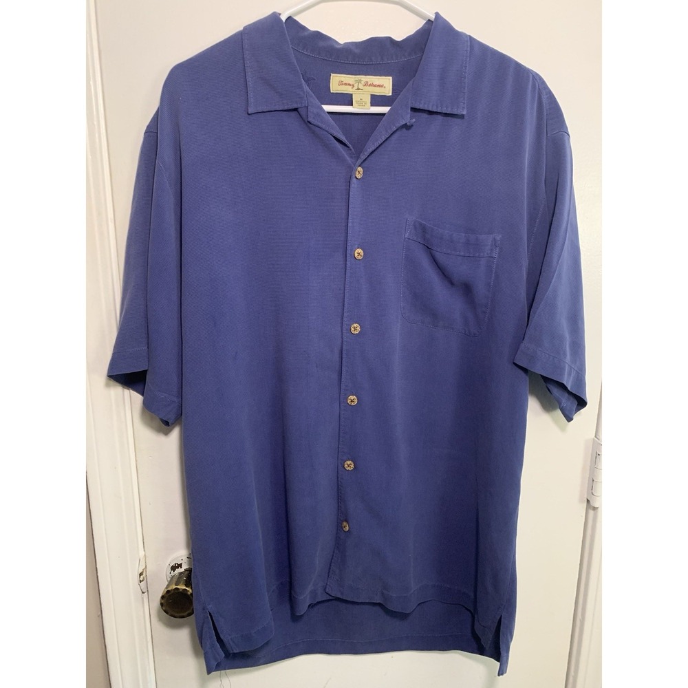 Tommy Bahama Mens Silk Short Sleeve Button Down Shirt Blue Camp M